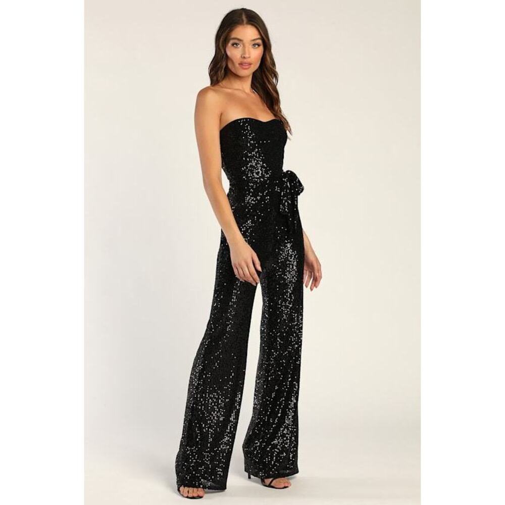 Lulus Flirty Moves Black Sequin Strapless Wide-leg Jumpsuit - Size L